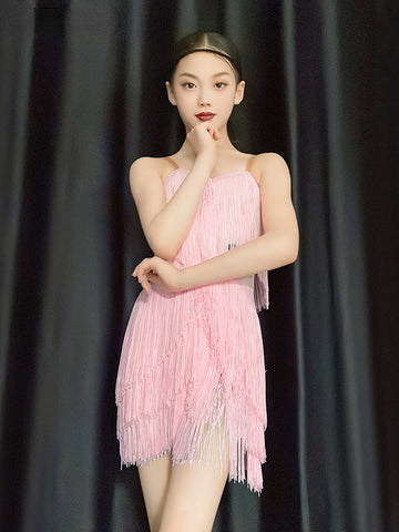 Latin dance Dresses for kids girl pink blue fringe latin ballroom salsa rumba chacha gradient tassel training outfits for Children - Moderndancedress.com