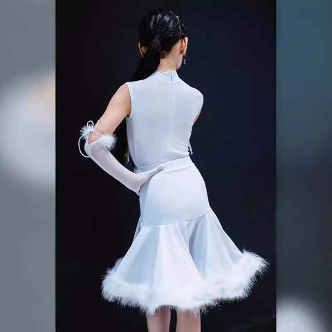 Girls White Feather Latin Competition Dresses for Kids Children Salsa Rumba Chacha Performance Costumes White Ostrich Hair