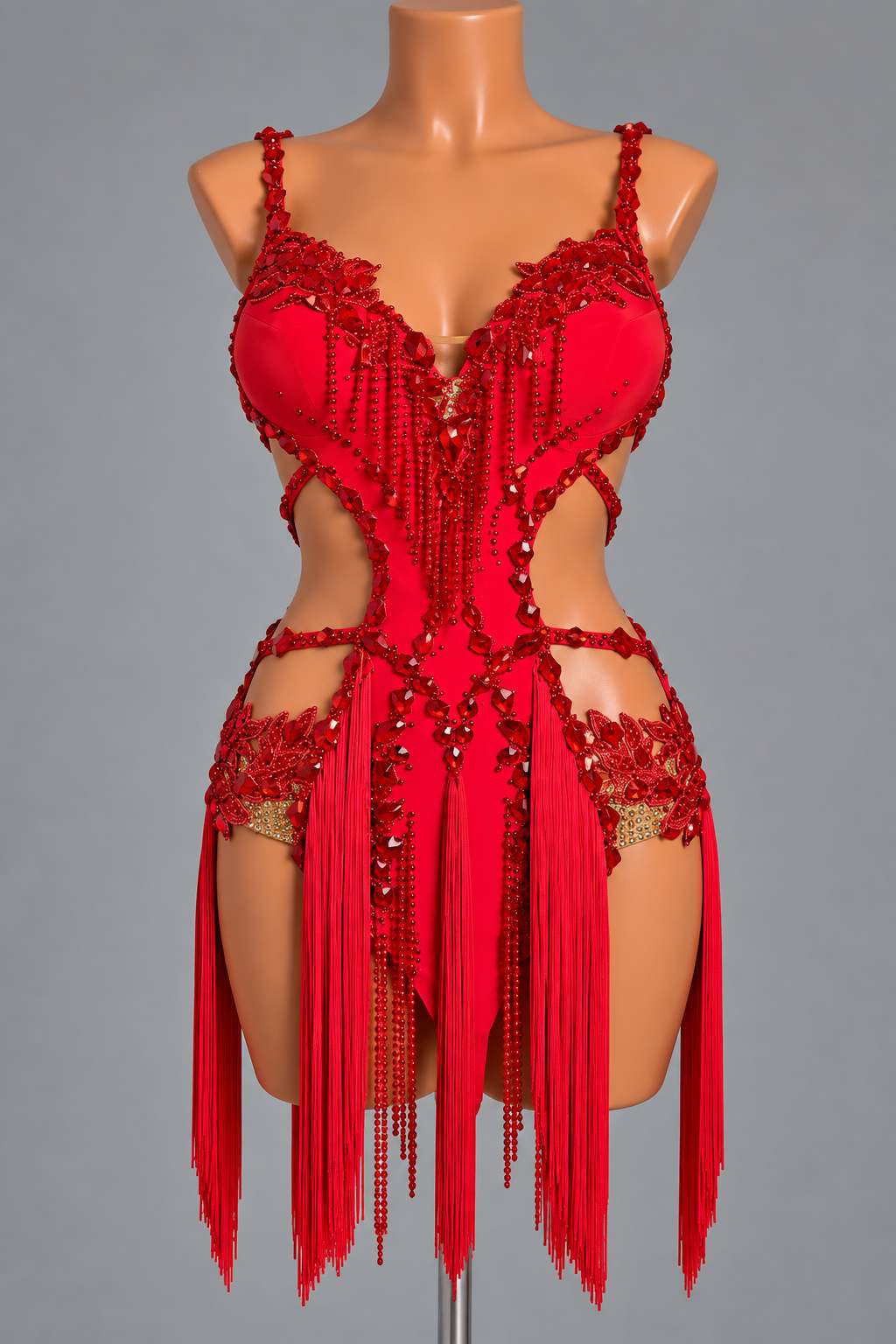 Custom Red Crystal Competition Latin Dress Cutout Salsa Samba Dancewear