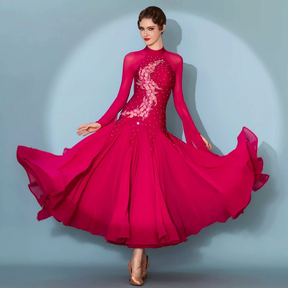 Women Girls Fuchsia Ballroom Dance Dress with Plum Blossom Embroidery & Rhinestones