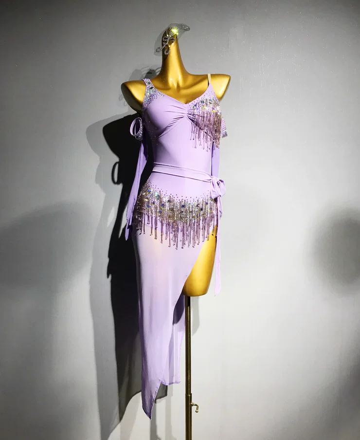 Custom Lavender Fringe Long Latin Dress with Crystals Salsa Chacha Ballroom Costume