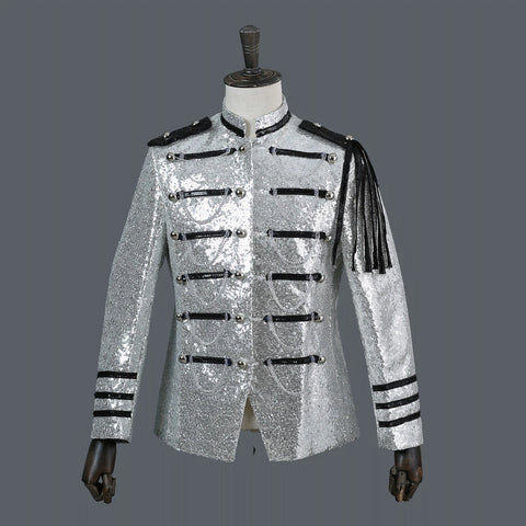 Men Classic Court Blazer Stage Costumes For Singers DJ Paillette Silver White Red Black Slim Fit Sequin Suit Jacket