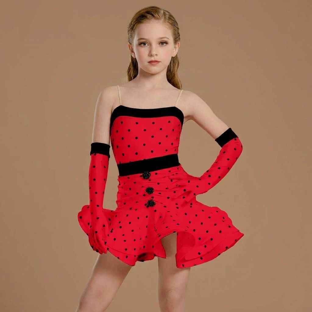 Red Polka Dot Girls Latin Dance Dress - Cha Cha Performance Costume