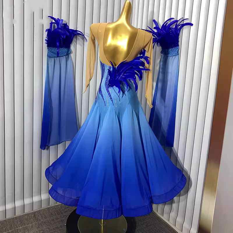 Custom Size Blue Gradient Ballroom Dance Dress for Women Feather Waltz Tango Competition Gown