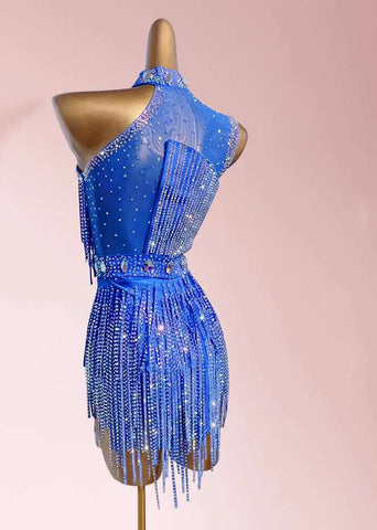 Custom size Blue gemstones competition latin dance dresses for women girls Children's salsa rumba chacha solo art test dance clothes - Moderndancedress.com