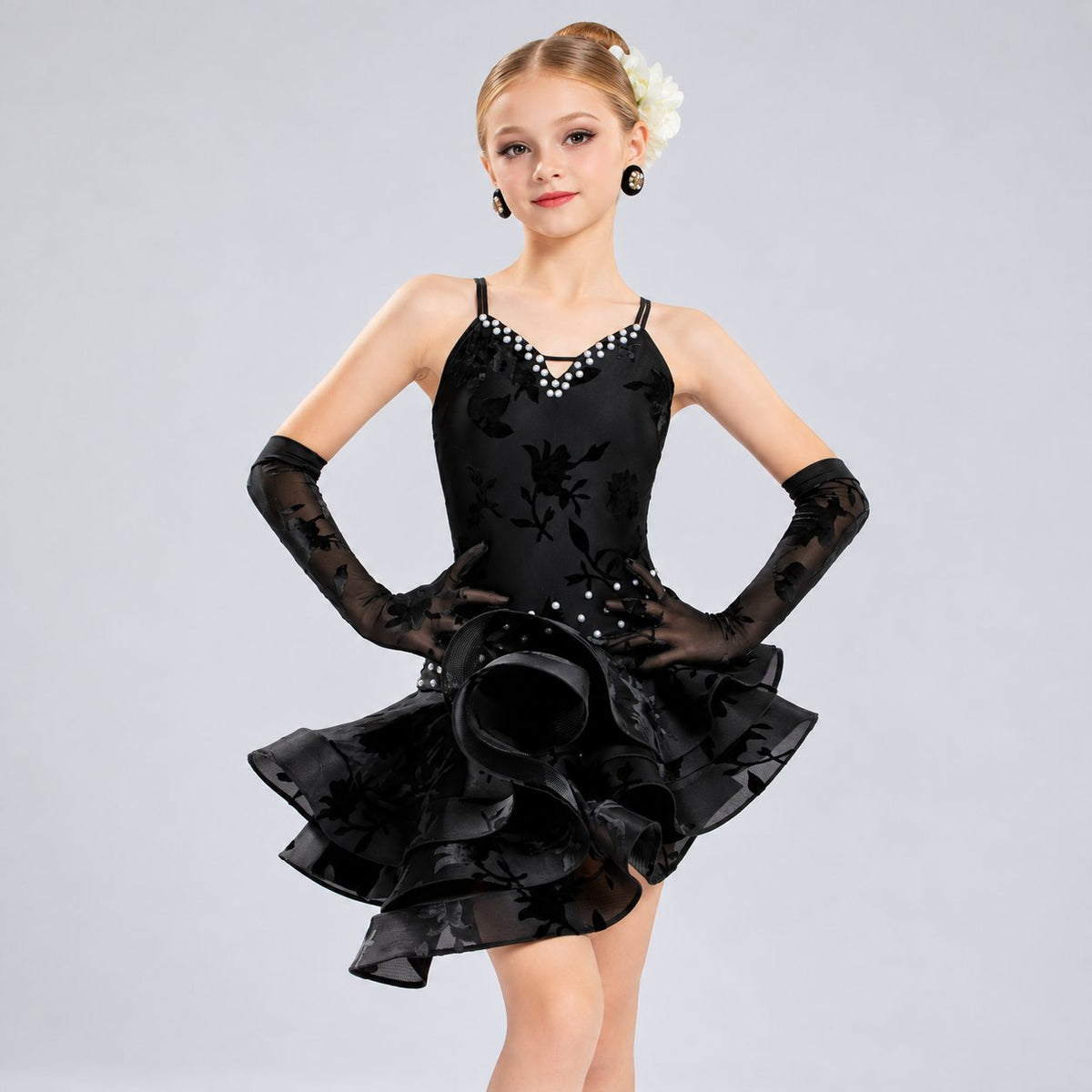 Professional Girls Red Black Flower Latin Dance Dress with Crystals & Matching Gloves