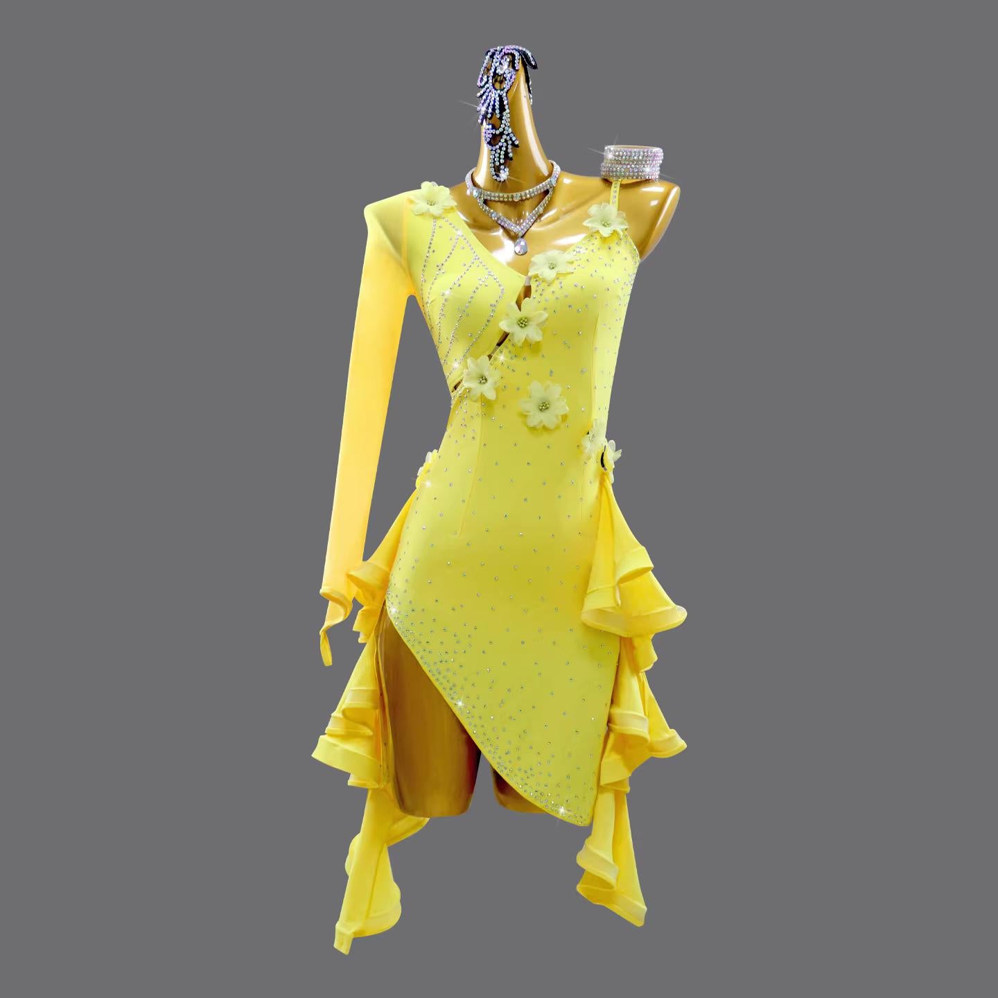 Custom Size Women's Yellow Latin Dance Dress Ruffles One Shoulder Sant Neck Flowers