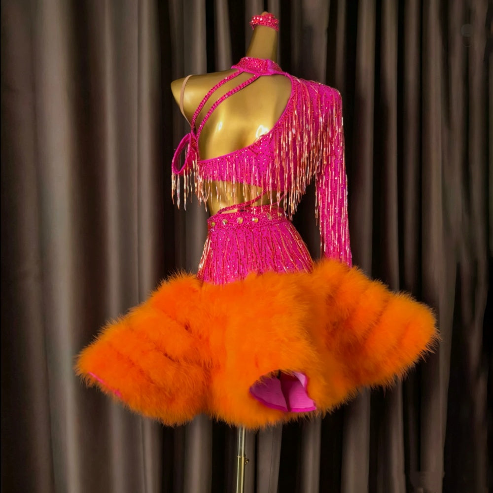 Custom Size Custom Pink & Orange Latin Dance Dress with Feathers Crystals Rhythm Dance Costume