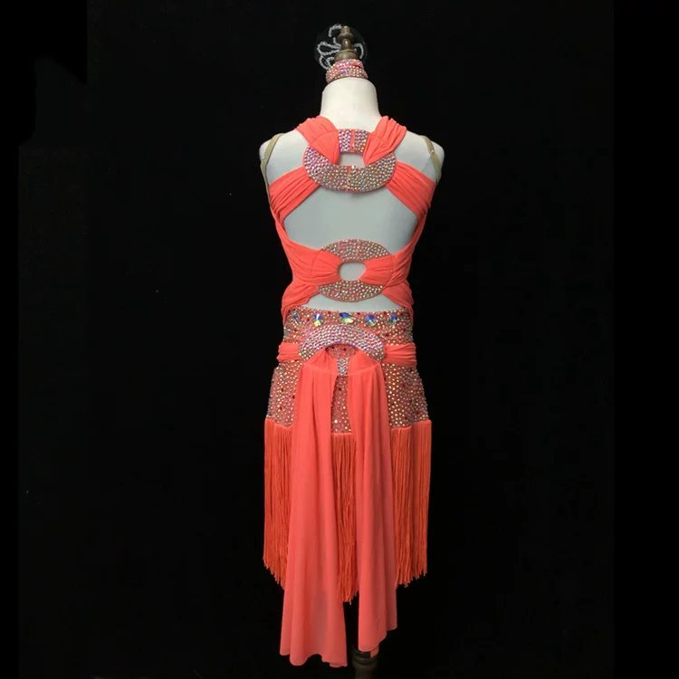 Custom Turquoise Halter Latin Performance Dress - Hot Pink Coral Crystal Ring Dancewear