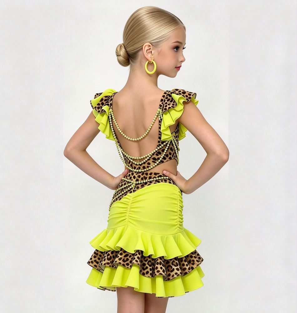 Girls Leopard Flower Latin Competition Dress Neon Yellow Ruffle Salsa Dance Costume
