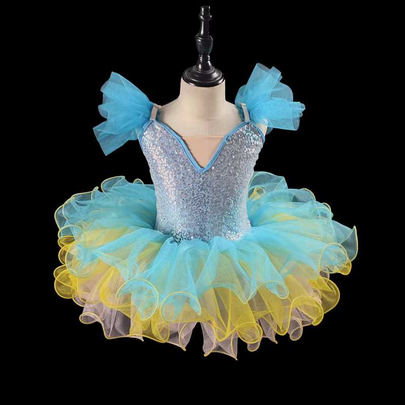 Girls Toddlers Jazz Dance Costumes Yellow Sequins Kindergarten Pink Blue Tutu Skirt Girls Ballerina Ballet Dance Dresses - Moderndancedress.com