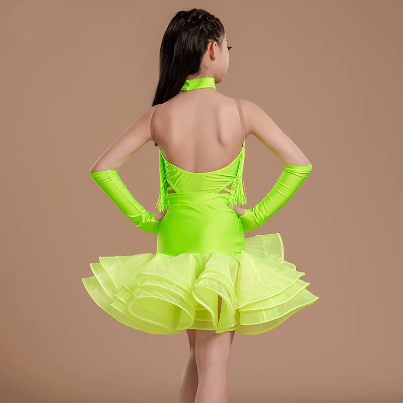 Neon Green Red Fringed Latin Dance Dresses for Girls Kids Salsa Rumba Chacha Event White Latin Performance Costumes - Moderndancedress.com