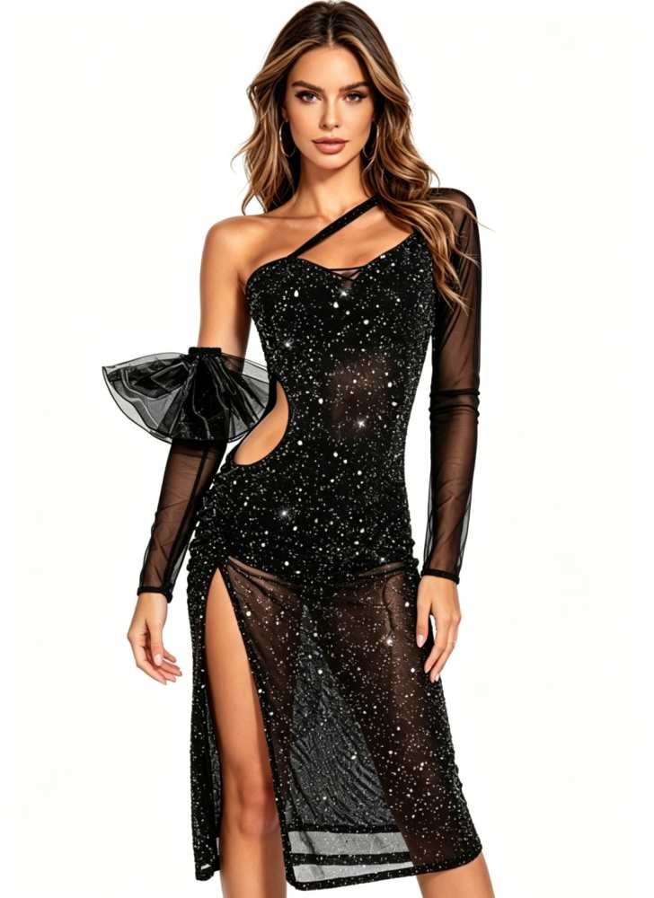 Black Glitter Latin Dance Dress for Women One Shoulder Slant Neck Salsa Ballroom Chacha  Latin Costume