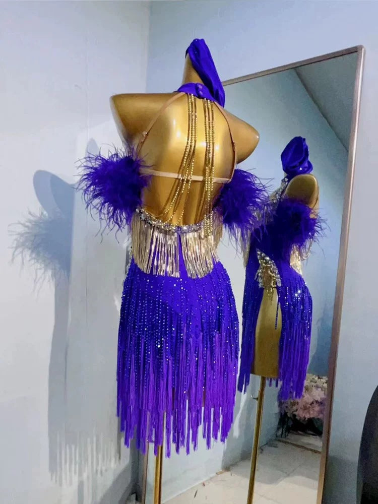 Custom Latin Dance Competition Dress: Black & Gold Fringe with Feather