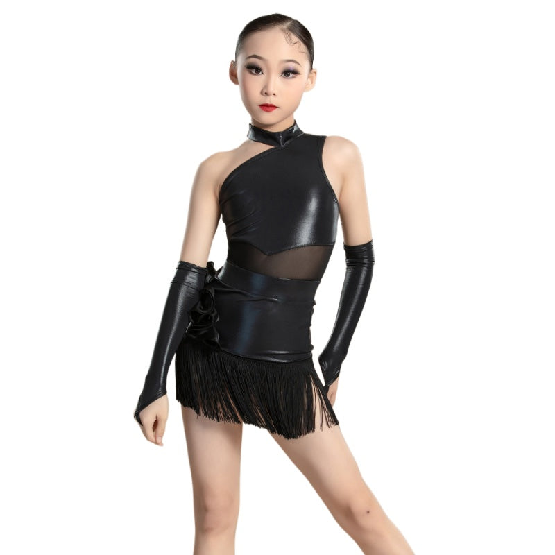Girls Latin Dance Dresses Black Fringe Slant Neck Salsa Rumba Ballroom Dance Costumes for Kids