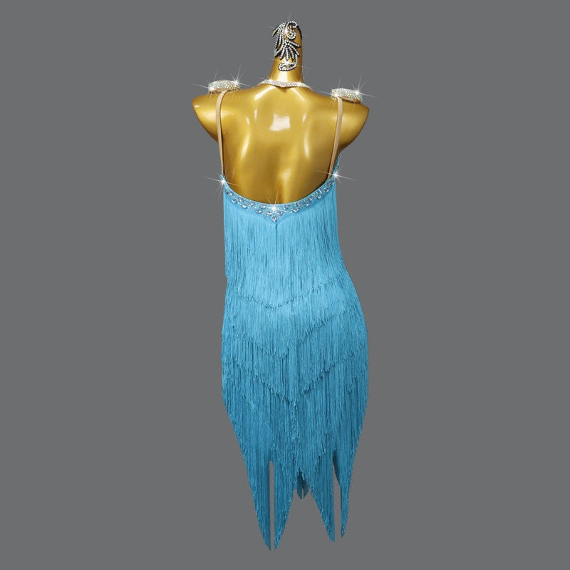 Lake Blue Latin Dance Dress with Tiered Fringe & Rhinestone Bodice