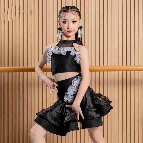 Blue Ruffles Latin Dance Dresses for Girls Kids Salsa Rumba Chacha  Performance Costumes