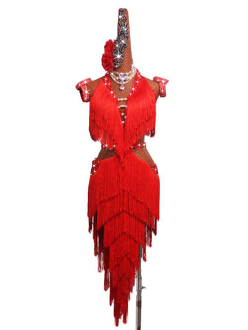 Red Latin dance competition dresses for women salsa rumba chacha dance long fringed skirt bling dance outfits for Girls - Moderndancedress.com