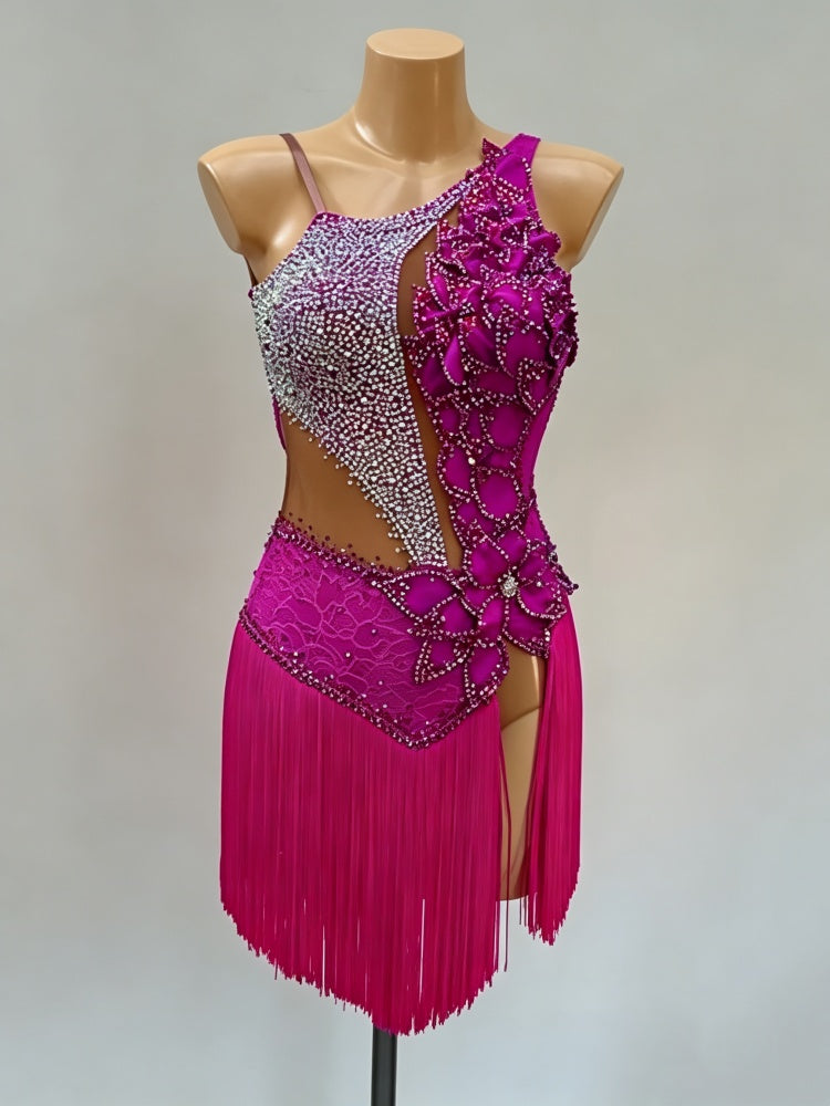 Custom Magenta Latin Competition Dress - Asymmetric 3D Floral & Crystal Fringe Gown