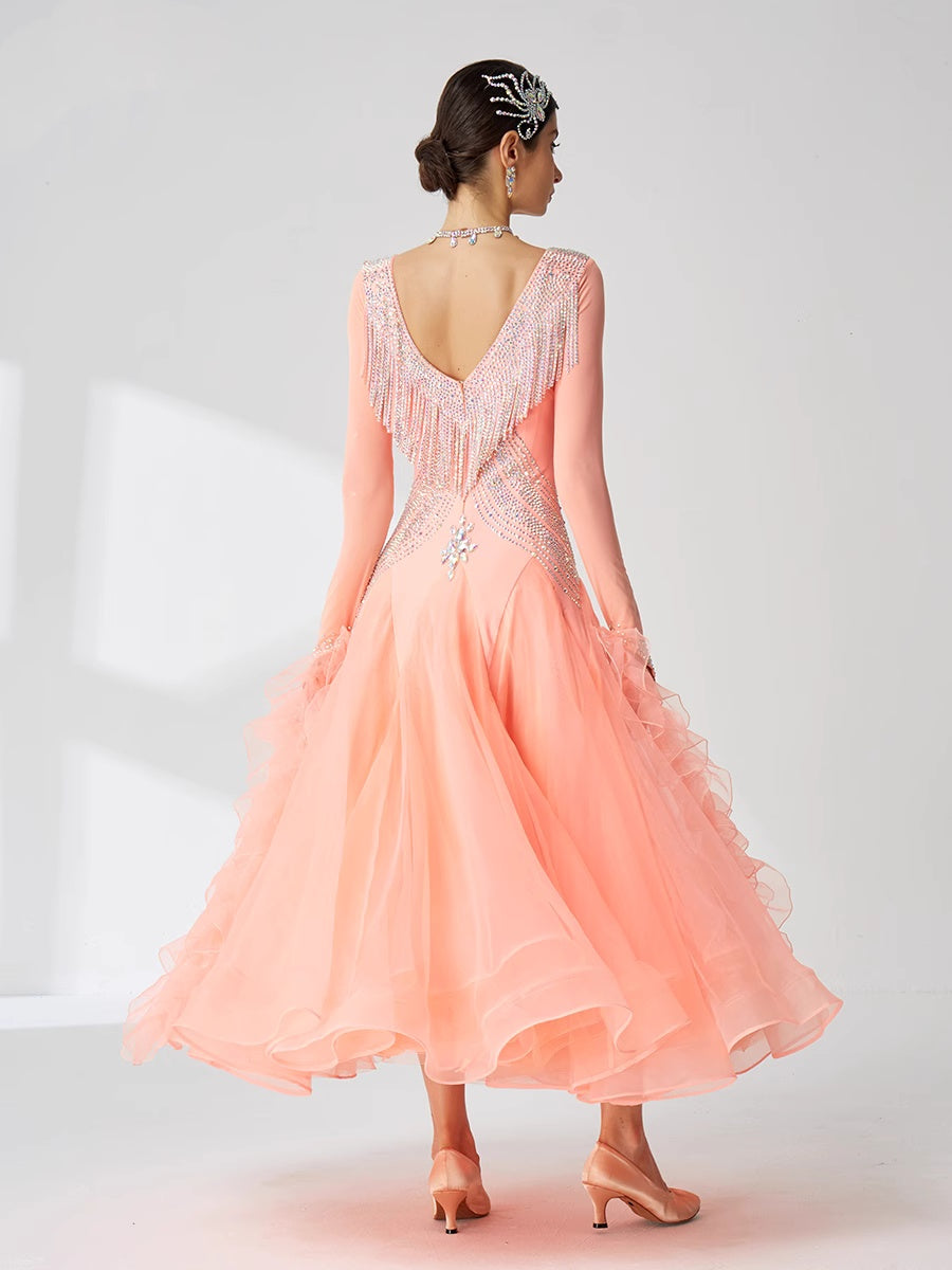 Custom Size Orange Pink Competition Ballroom Dance Dresses for Women Girls Crystal Waltz Tango Rhythm Performance Long Skirts - Moderndancedress.com