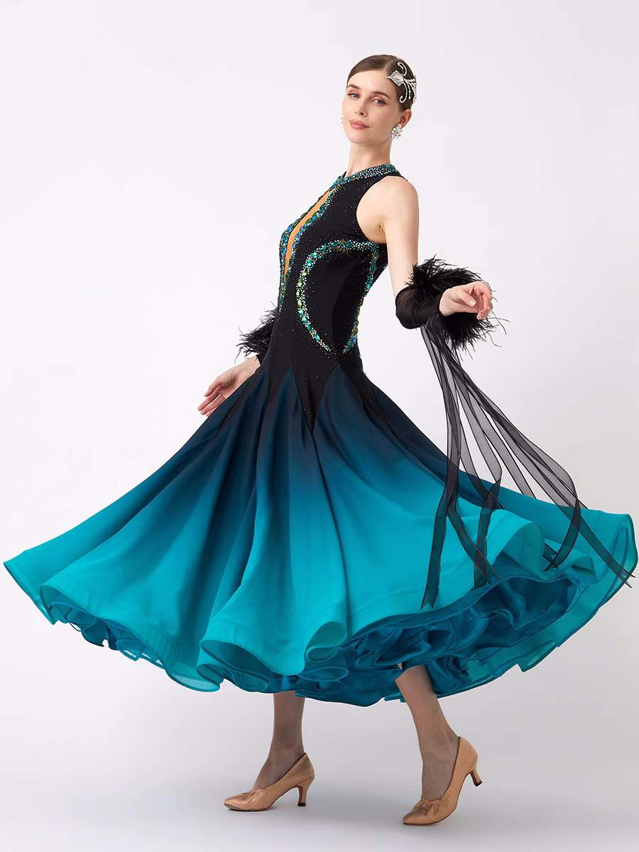 Custom Size Green Blue Competition Ballroom Dance Dresses for Women Girls Crystal Waltz Tango Foxtrot Dance Long Gown - Moderndancedress.com