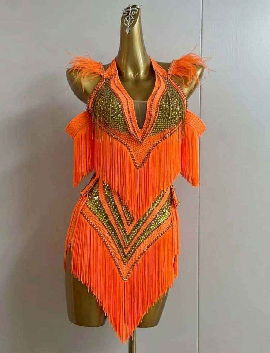 Custom Neon Yellow Latin Dance Dress with Gold Tassels & Crystals