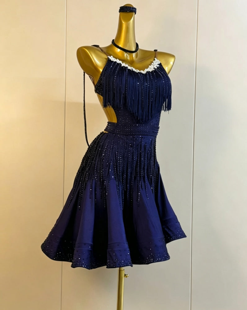 Custom Navy Blue Latin Dance Dress Competition Rhythm & Salsa Fringe Gown