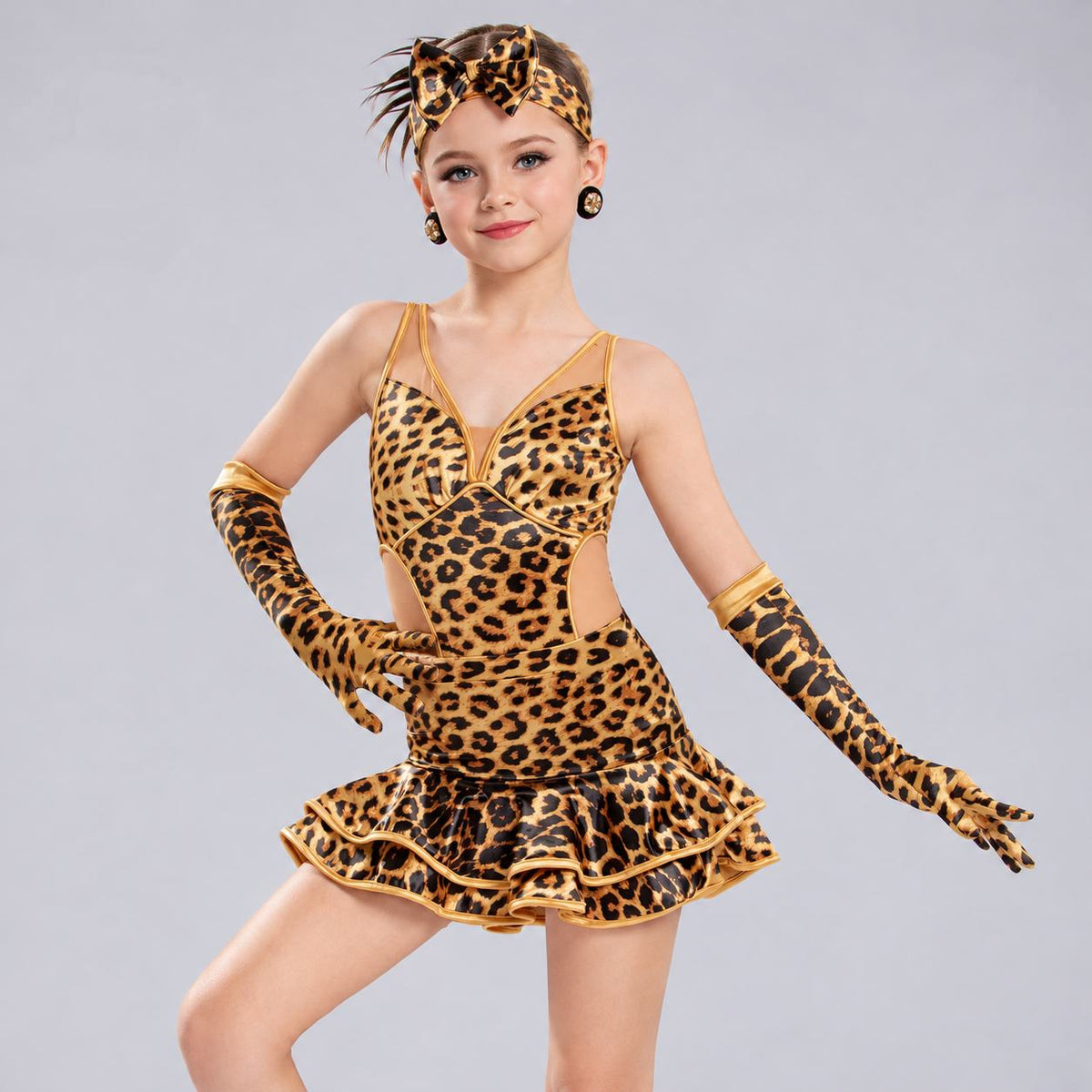 Girls Leopard Latin Dance Dress - Kids Ballroom Salsa Cha Cha Outfit