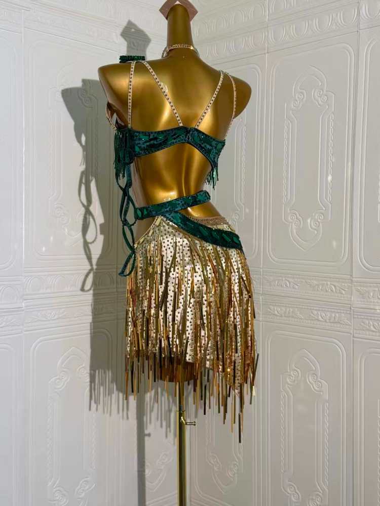 Custom Size Dark Green with Gold Fringe Competition Latin Dance Dress Bling Fringe Salsa Chacha Perform Costume