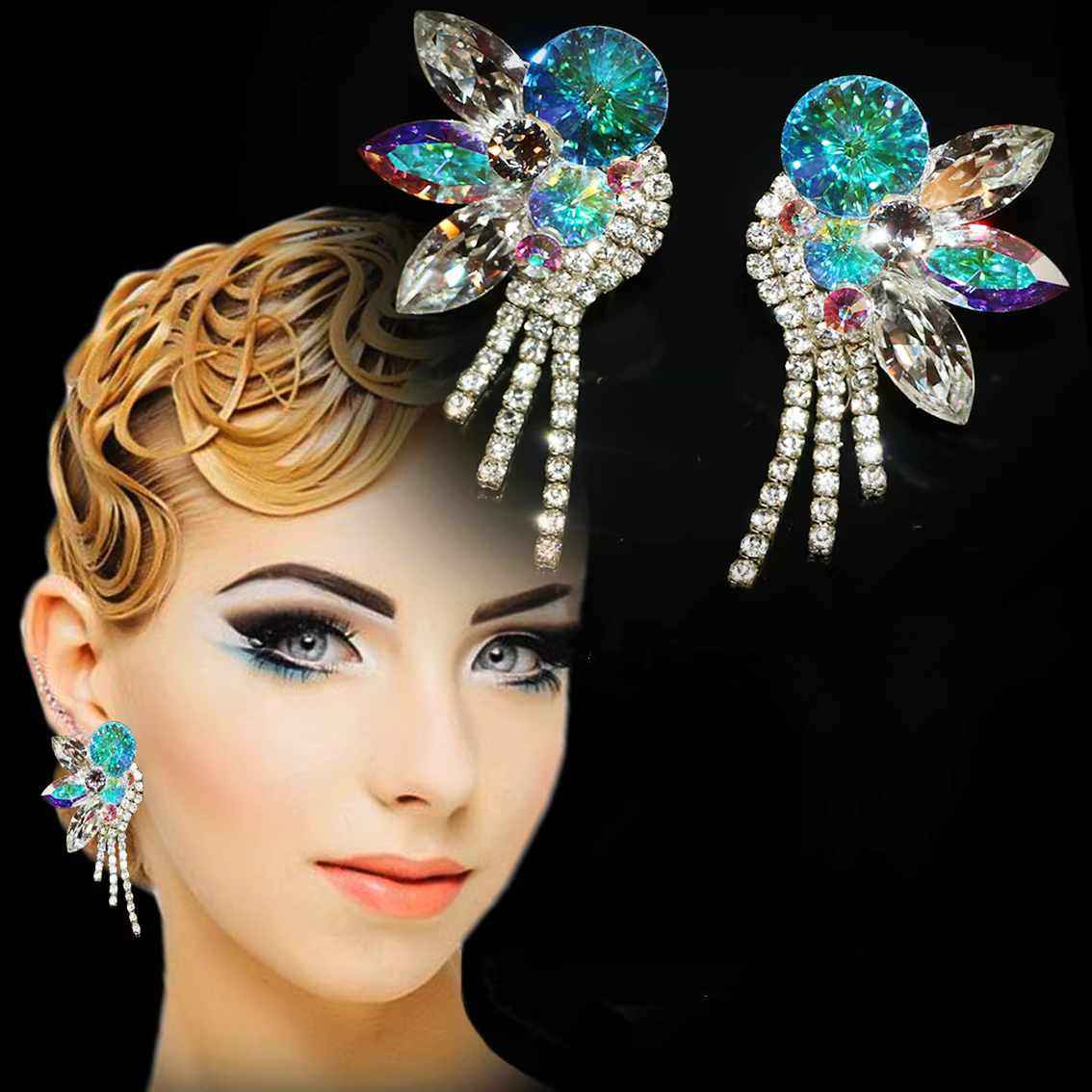 Rhinestones Dance Earring for Women Competition Latin Ballroom Waltz Tango Blue Bling Ear Dance Accessories