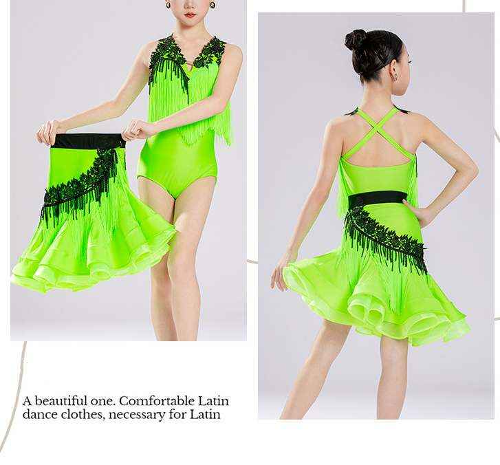 Girls Latin Dance Dress Neon Green Fringe Black Beads Competition Salsa Ballroom Perform Costumes