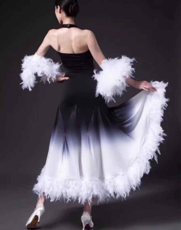White Mint Green Feather Waltz Modern Ballroom Dance Dresses for Women Girls  Art Test National Standard Competition Foxtrot Smooth Dance Long Gown - Moderndancedress.com