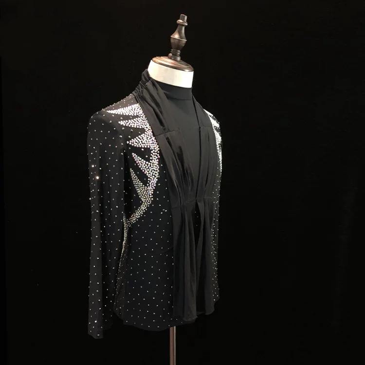 Custom Juvenile Rhinestone Ballroom Latin Dance Shirt | Black Drape Competition Top