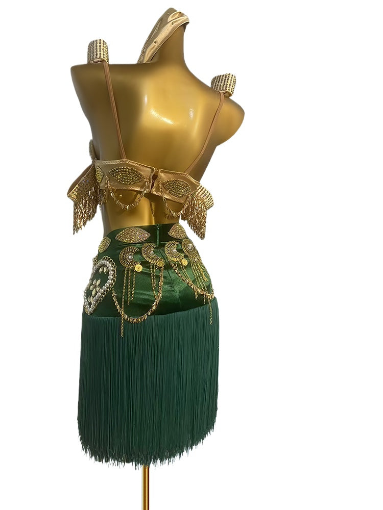 Custom Size Dark Green Gold Latin Dance Dresses for Women Girls Salsa Rumba Waltz Tango Competition Costumes