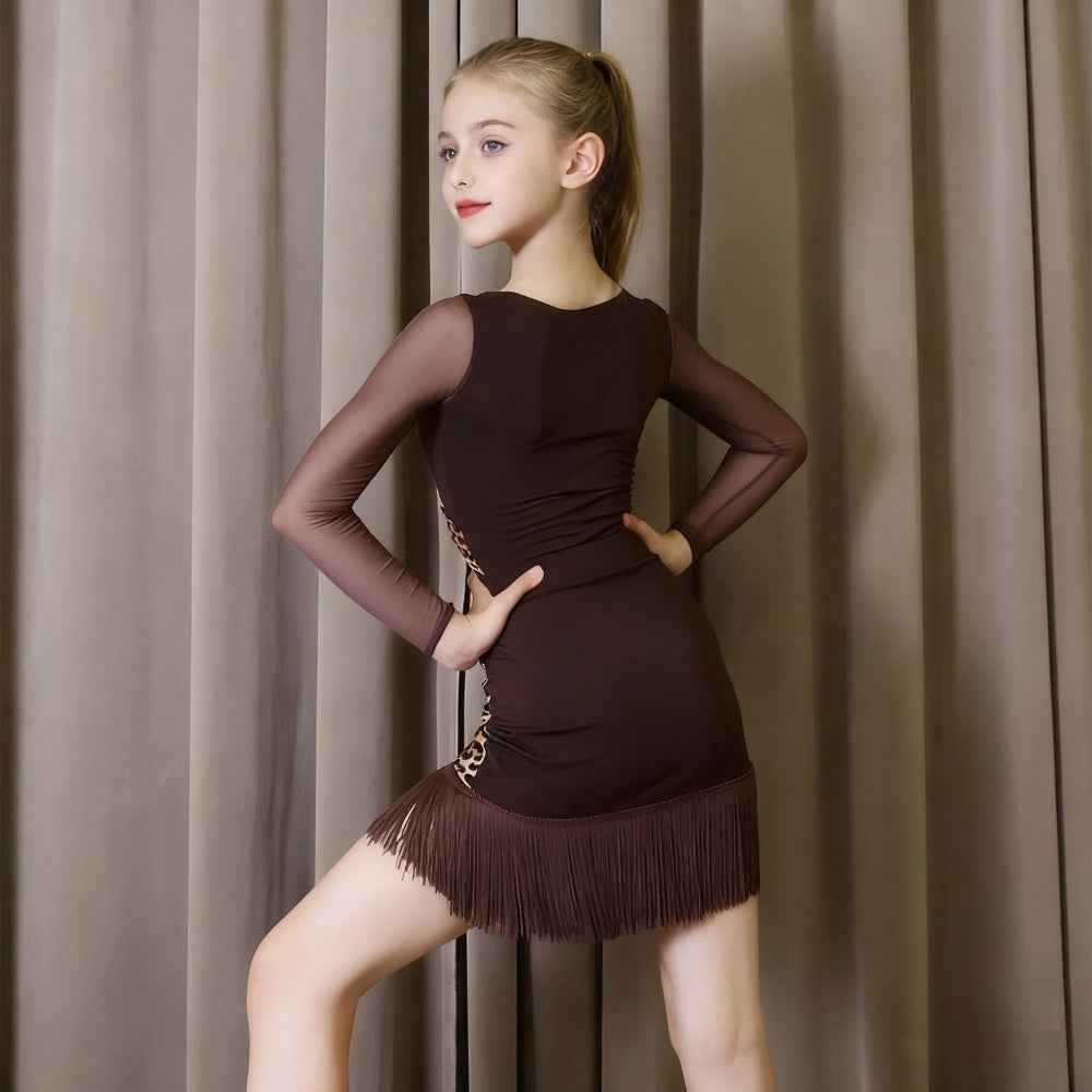 Girls Latin Dance Dresses Leopard Fringe Children Salsa Rumba Chacha Latin Dance Clothes for Kids