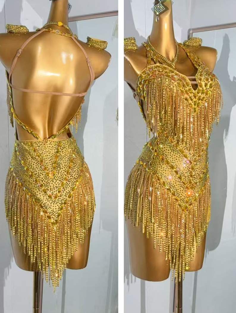 Custom Size Competition Latin Dance Dresses Gold Pink Rhinestones Blackpool Competition Latin Salsa Dance Costumes