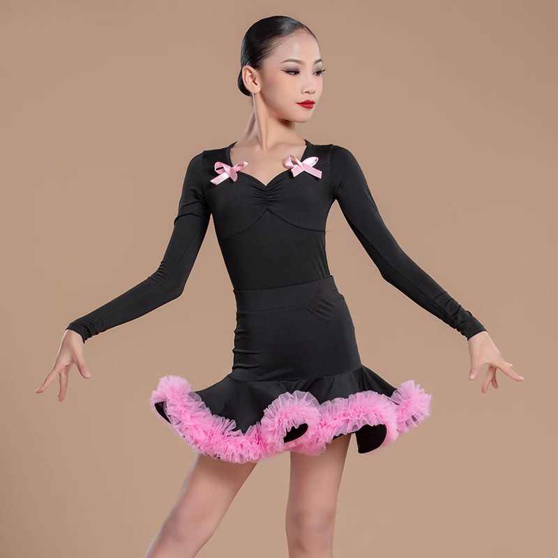 Children's Black with Pink Ruffles Latin Dance Dresses Salsa Rumba Chacha Performance Costumes Girls Party Performance Outfits - Moderndancedress.com