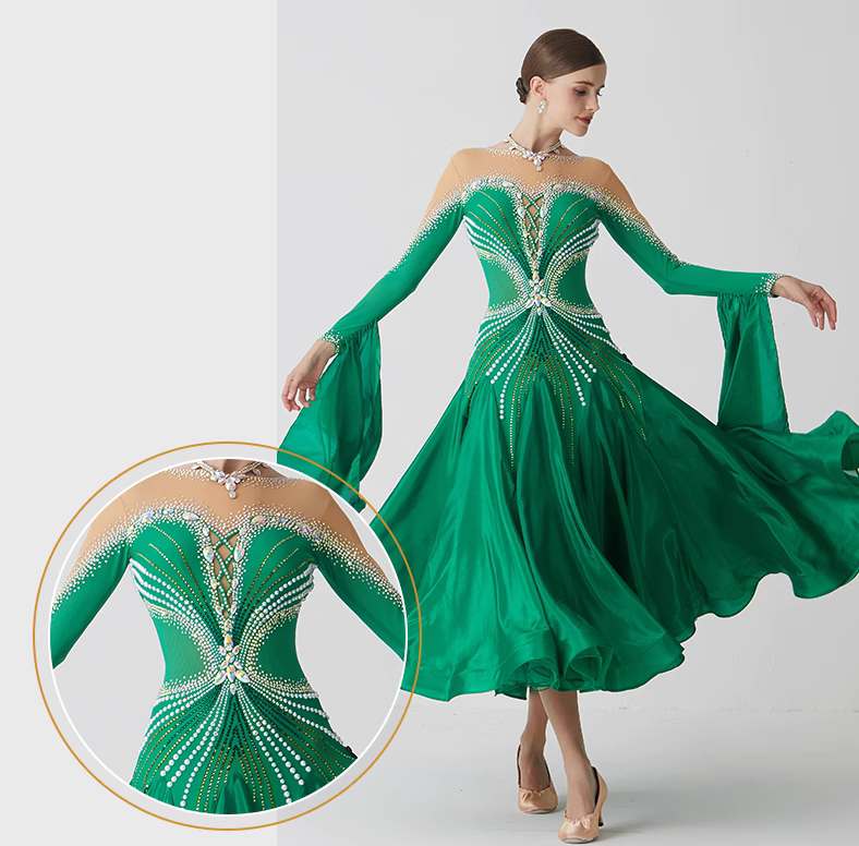 Custom Size Competition Ballroom Dance Dresses for Women Girls Green Bling Waltz Tango Foxtrot Dance Long Gown - Moderndancedress.com