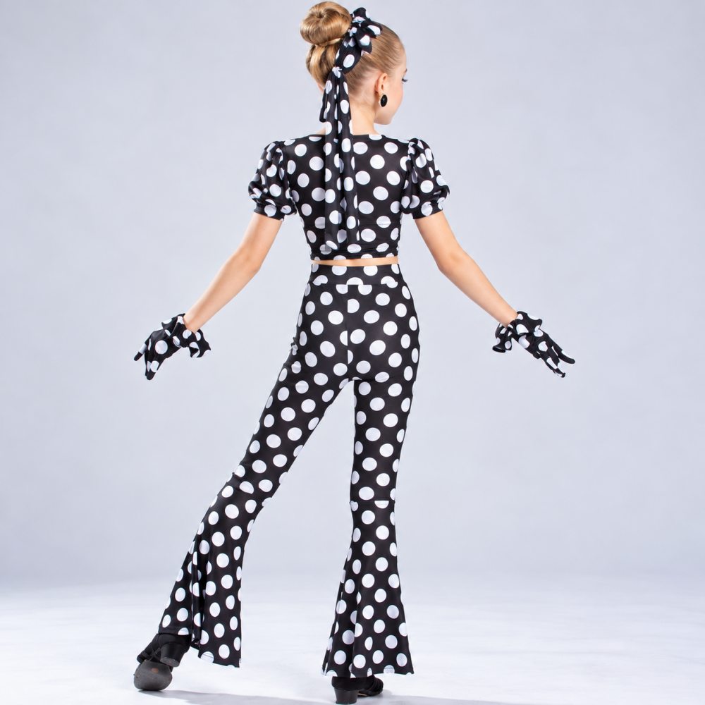 Girls Black & White Polka Dot Latin Dance Pants Set with Headband & Gloves