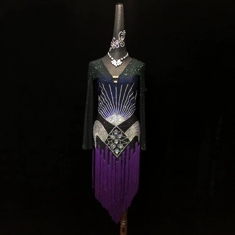 Purple & Royal Blue Latin Dance Dress - Rhinestone Geometric Fringe Competition Costume