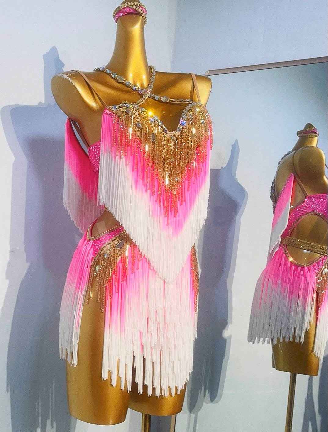 Custom Size Dark Green Latin Dance Dresses Gold Fringe Pink Salsa Rumba Latin Dance Costumes