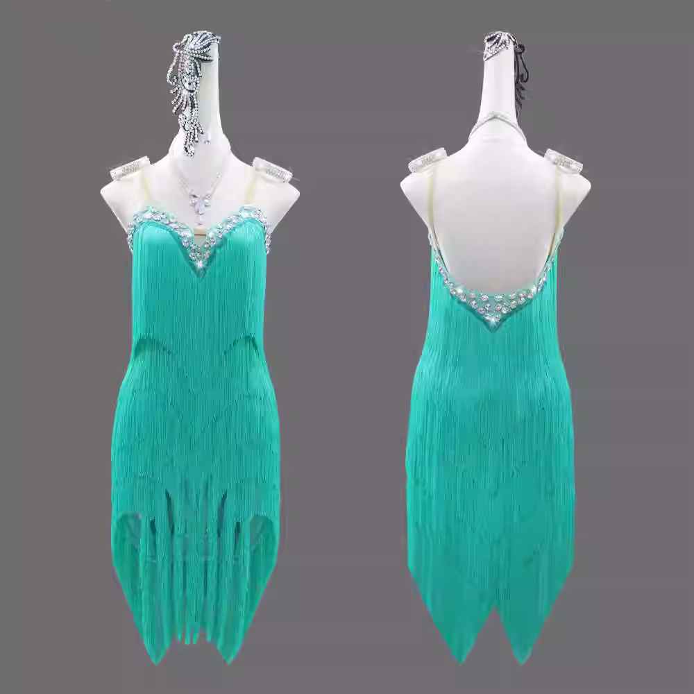 Professional Turquoise Fringe Competition Latin Dance Dresses for Women Girls Salsa Rumba Chacha Tap Dance Performance Clothing Party Outfits - Moderndancedress.com