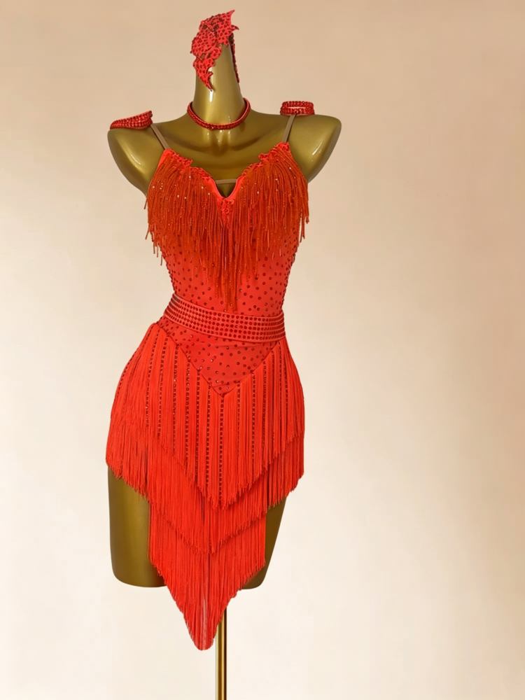 Custom Size Orange Fringe Competition Latin Dress with Crystal Rhinestones Salsa Chacha Performance Clothing