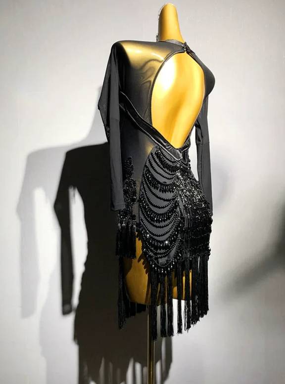 Custom Competition Black Latin Dance Dress Geometric Mesh & Rhinestone Fringe Costume