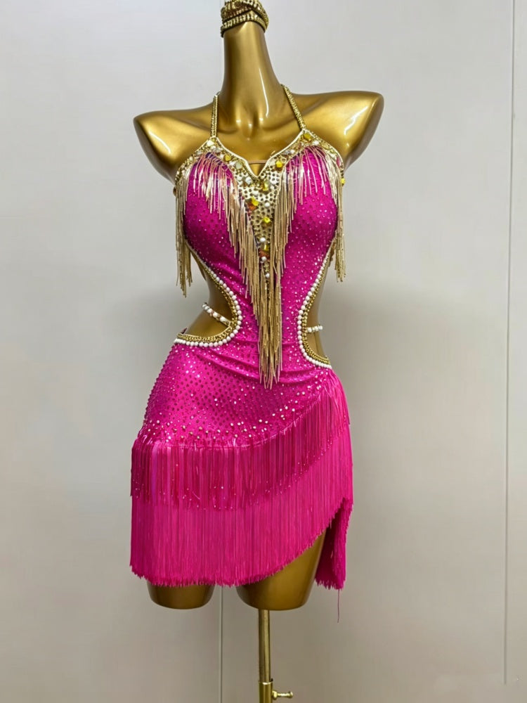 Custom Blue Orange Latin Dance Dress with Gold Fringe & Crystals
