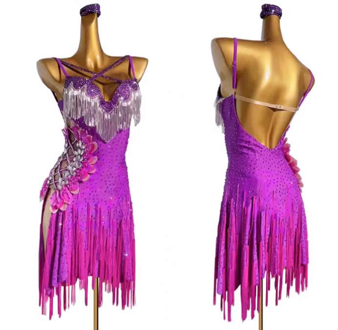 Custom Size Purple Bling Fringe Latin Dance Dresses for Women Girls Gemstones Competition Art Test Solo Dance Clothing Salsa Chacha dance Wear - Moderndancedress.com