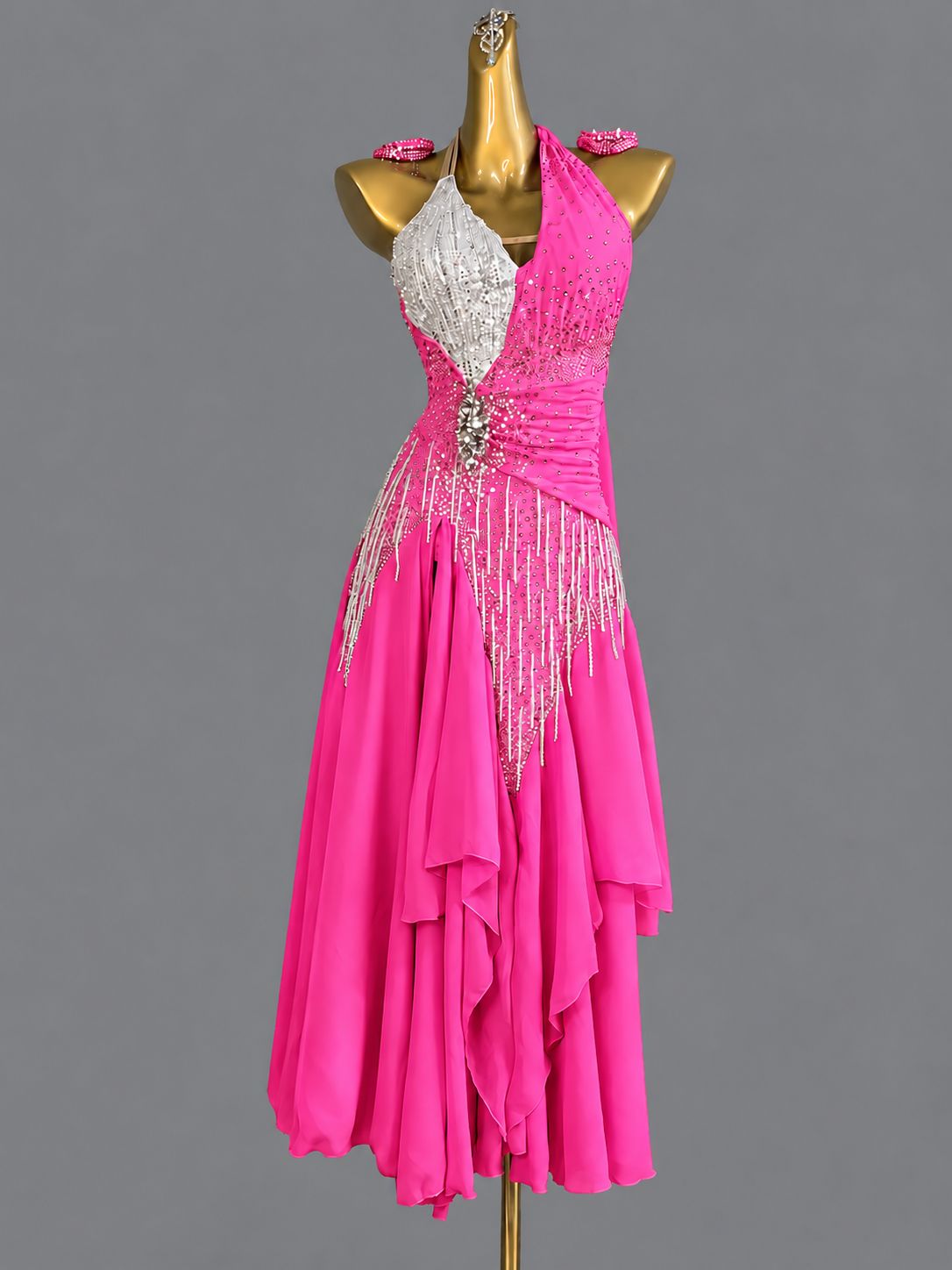 Custom American Smooth Dress Blue Pink Halter Neck Ballroom Dance Gown