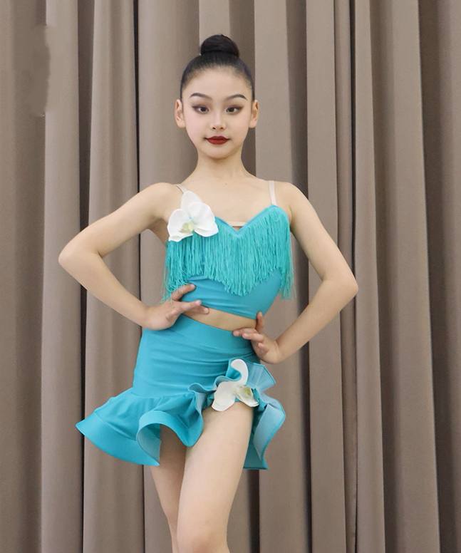 Turquoise Fringe Girls Latin Dance Dresses for Girls Kids Salsa Rumba  Latin Dance Costumes