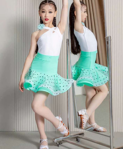 White mint green dot Latin dance Dresses for kids girls slant neck salsa chacha dance costumes class uniforms modern dance outfits - Moderndancedress.com