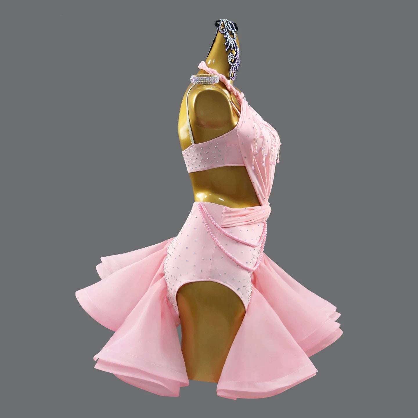 Custom Size Fuchsia Competition Latin Dress for Girls Halter Neck Salsa Blackpool Dance Wear